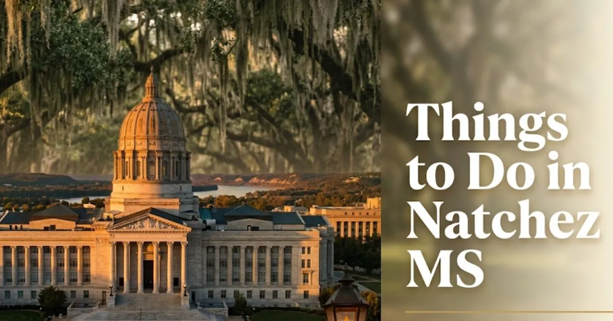 Antebellum mansion in Natchez MS at golden hour with Spanish moss and white columns — things to do in Natchez MS guide