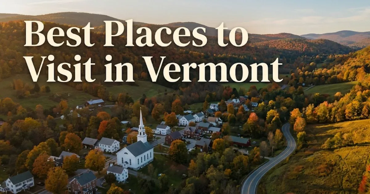 Best places to visit in Vermont aerial autumn view of a classic white-steeple Vermont village surrounded by peak fall foliage in the Green Mountains.