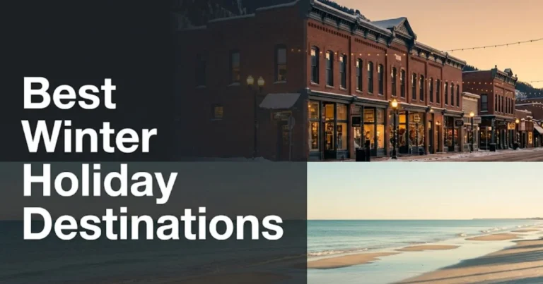 Best winter holiday destinations map showing US ski town and Florida beach side by side in editorial travel photo, 2026 guide