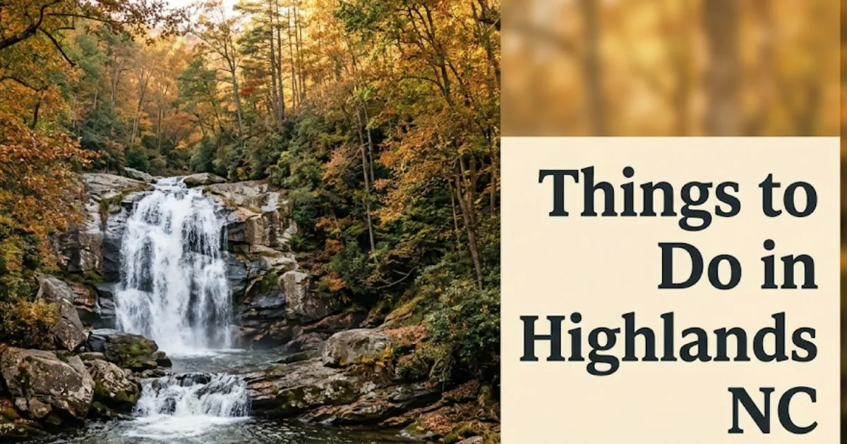 Cascading waterfall in Nantahala National Forest near Highlands NC with autumn foliage and text overlay Things to Do in Highlands NC