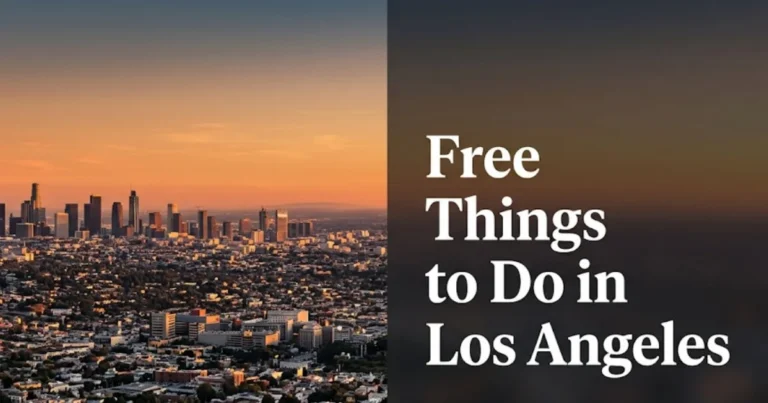 Free things to do in Los Angeles guide, featuring golden-hour view of the LA skyline from Griffith Park hilltop