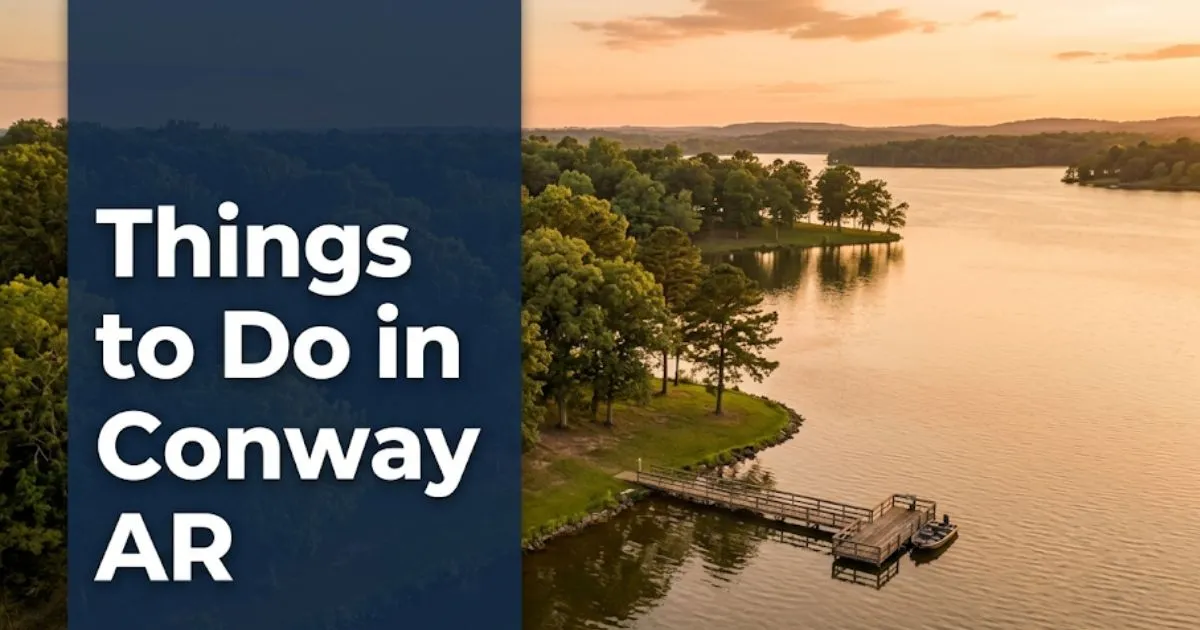 Golden hour view of Lake Conway Arkansas with calm water and tree-lined shores, for a guide to things to do in Conway AR.