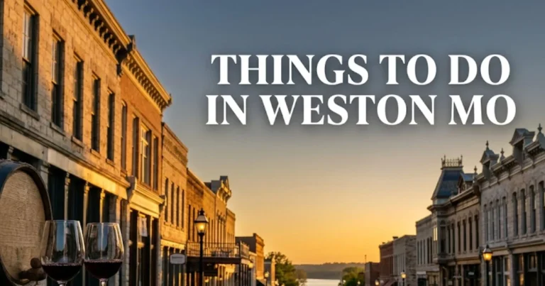 Historic Main Street in Weston MO at golden hour with text overlay reading Things To Do In Weston MO travel guide.