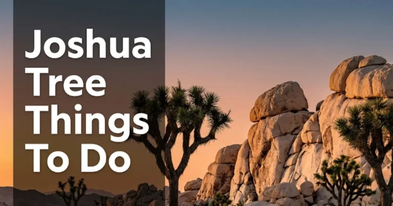 Joshua Tree things to do guide showing granite boulder formations and Joshua trees at golden hour in the national park.