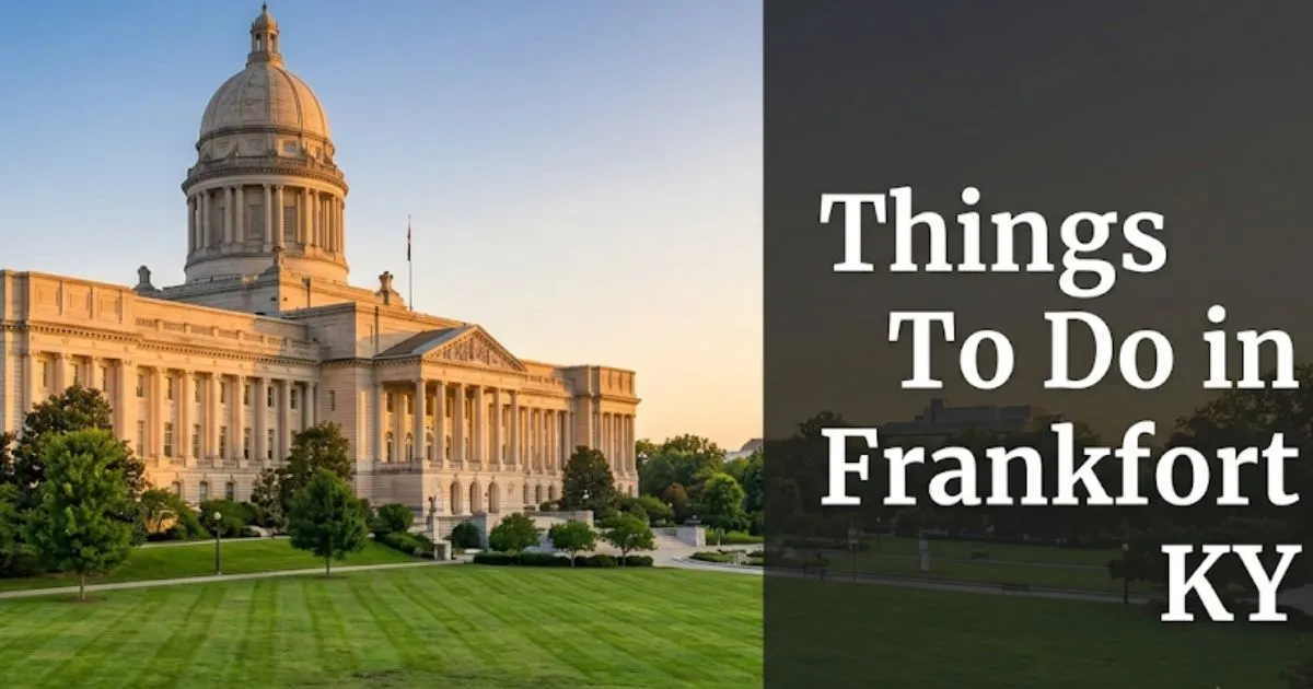 Kentucky State Capitol building at golden hour in Frankfort KY, editorial travel guide hero image for things to do in Frankfort KY