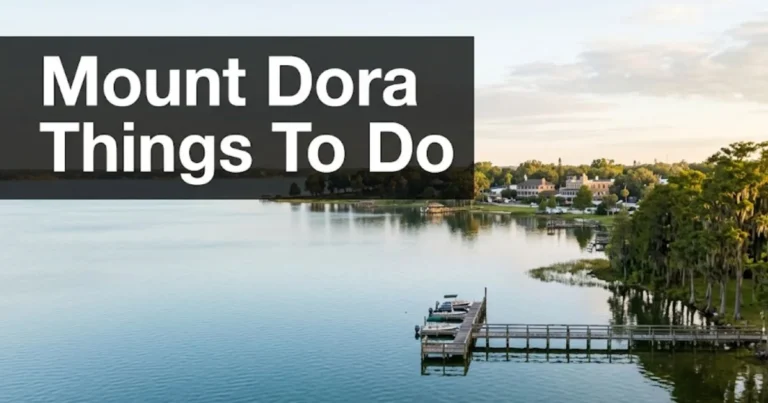 Morning view of Lake Dora and cypress tree shoreline in Mount Dora, Florida, with text reading Mount Dora Things To Do