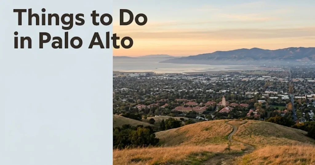 Panoramic view from Dish Trail above Palo Alto showing San Francisco Bay and Silicon Valley, with Things to Do in Palo Alto title text overlay.