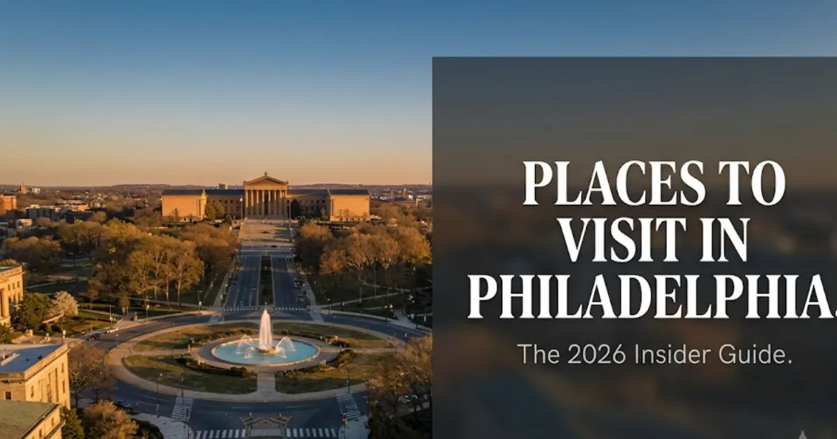 Philadelphia's Benjamin Franklin Parkway at golden hour with the Museum of Art in the background — places to visit in Philadelphia 2026 guide