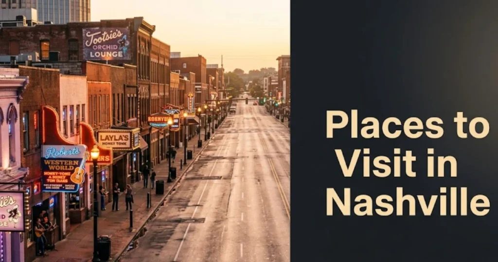 Places to visit in Nashville guide hero image showing Lower Broadway at golden hour with editorial text overlay.