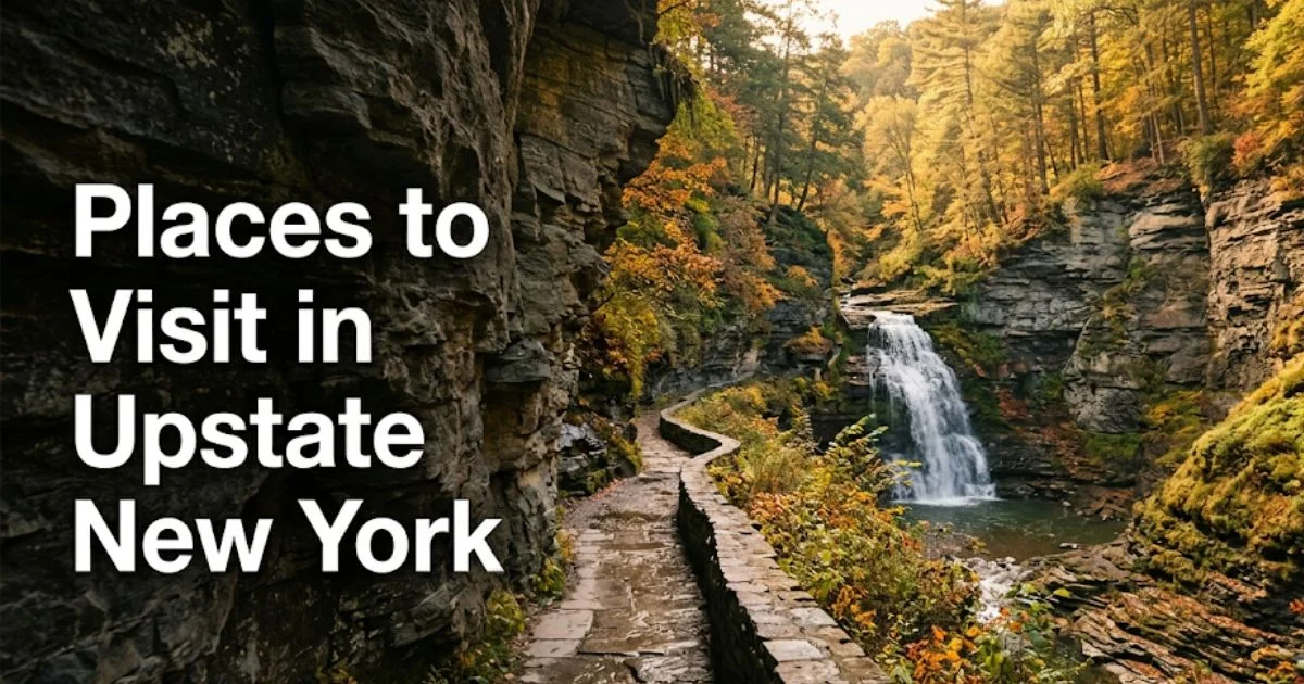 Places to visit in upstate New York gorge trail with autumn foliage and waterfall