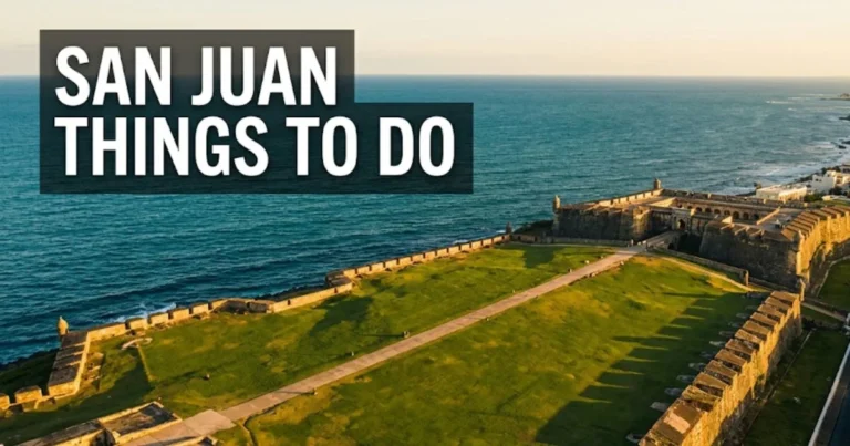 San Juan things to do guide featuring aerial view of Castillo San Felipe del Morro and Old San Juan coastline at golden hour