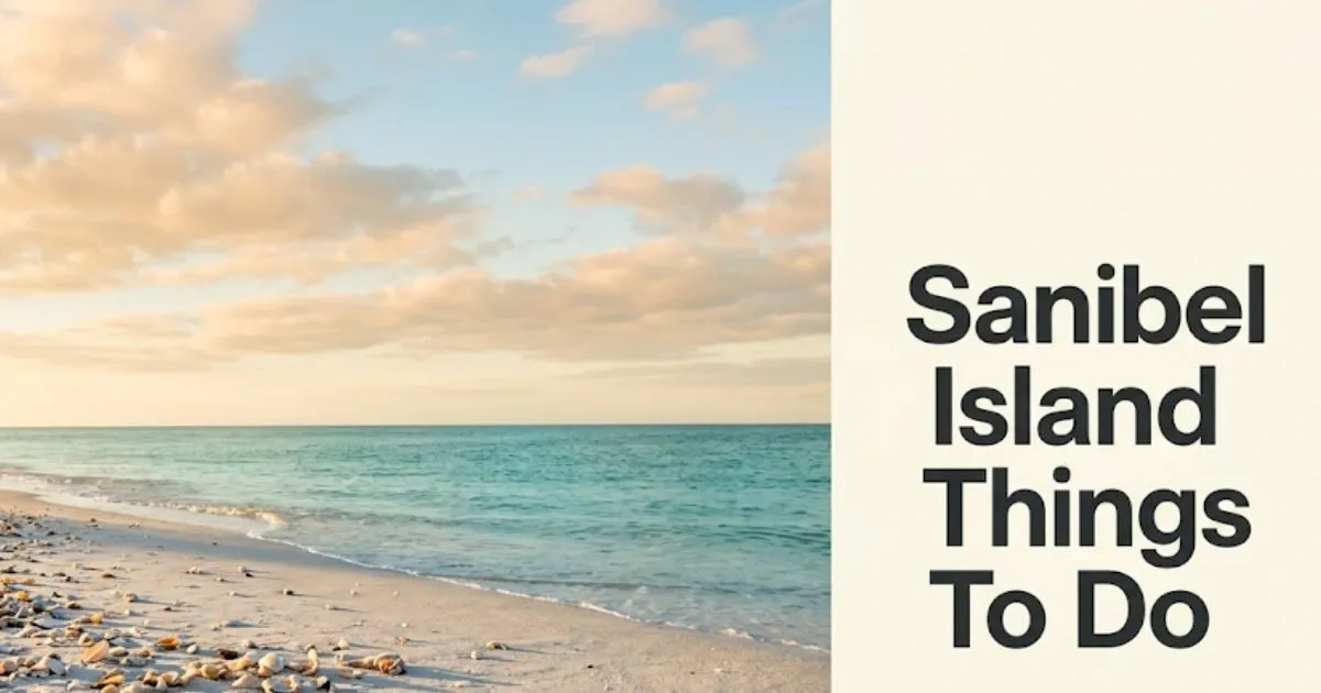 Sanibel Island things to do guide hero image showing Gulf Coast beach with shells at golden-hour light, 2026 travel editorial