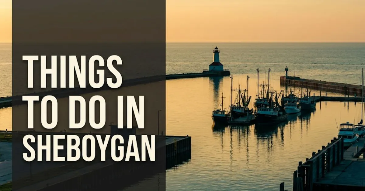 Sheboygan Harbor at golden hour with Lake Michigan in the background, from a guide to things to do in Sheboygan Wisconsin.