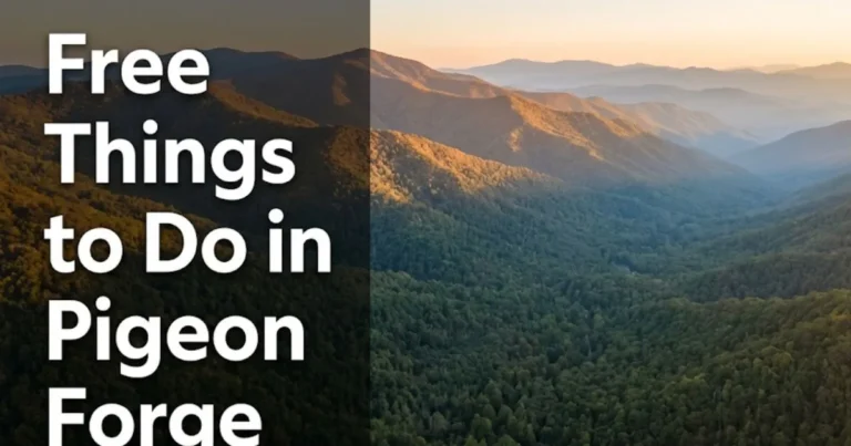 Smoky Mountains golden hour panorama with text overlay reading free things to do in Pigeon Forge, Tennessee travel guide 2026