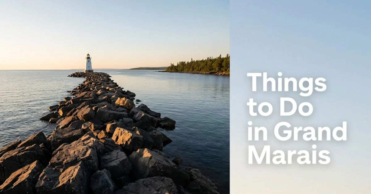 Sunrise view of Artist's Point breakwater and lighthouse in Grand Marais MN, with text reading Things to Do in Grand Marais