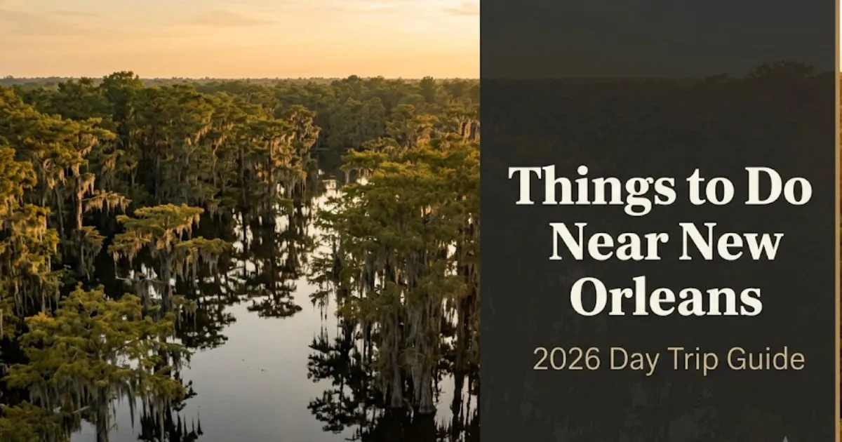 Things to Do Near New Orleans guide hero image showing Louisiana cypress swamp at golden hour with editorial text overlay