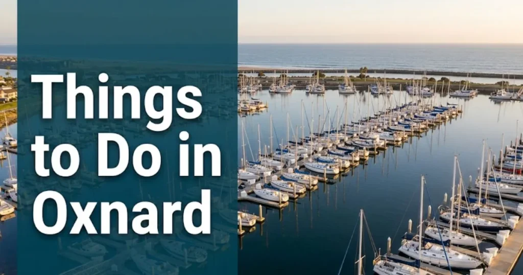 Things to Do in Oxnard California aerial view of Channel Islands Harbor with marina and Pacific Ocean at golden hour.
