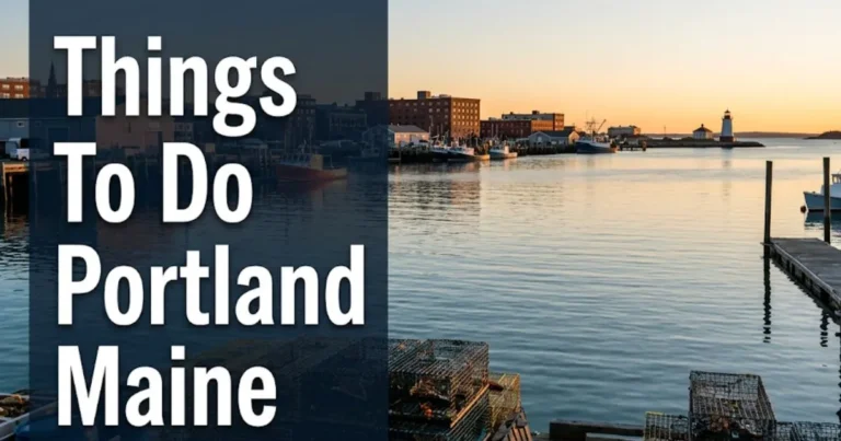 Things to do Portland Maine golden-hour view of Portland's working waterfront and Casco Bay with lobster traps in foreground