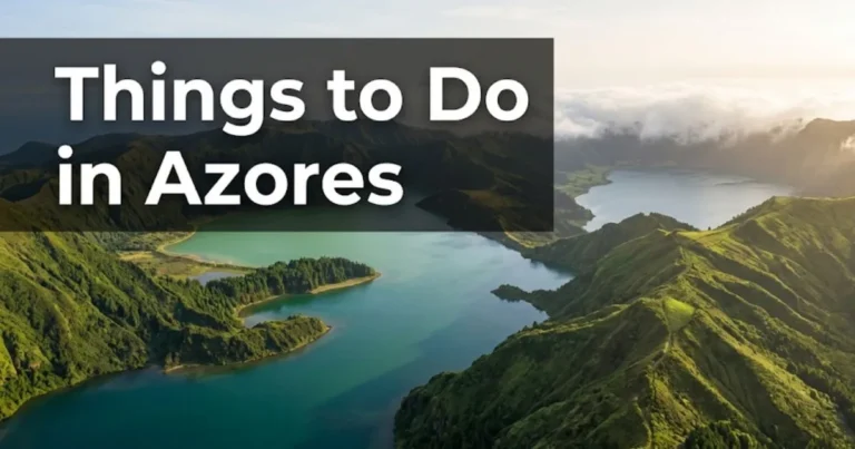 Things to do in Azores guide hero image showing Sete Cidades twin crater lakes in São Miguel from above at golden hour.