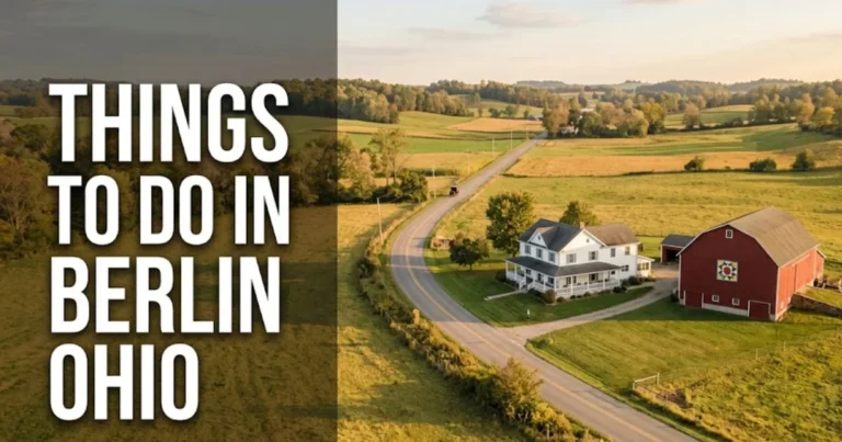 Things to do in Berlin Ohio Amish Country farm with barn quilt, rural road, and horse-drawn buggy in Holmes County, Ohio.
