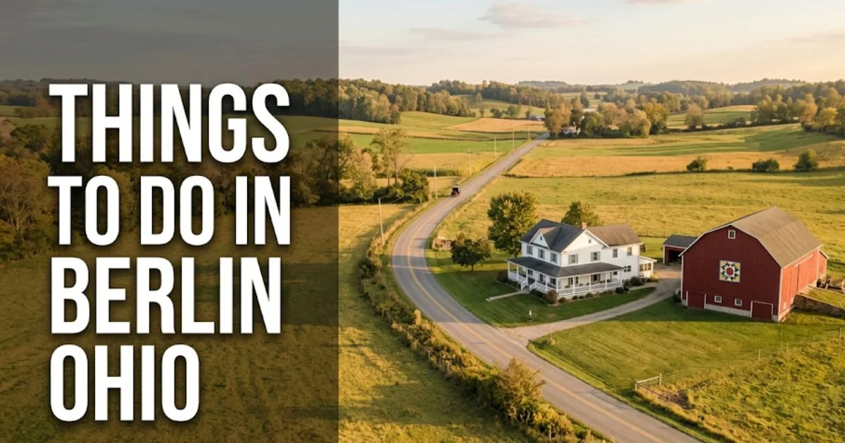 Things to do in Berlin Ohio Amish Country farm with barn quilt, rural road, and horse-drawn buggy in Holmes County, Ohio.