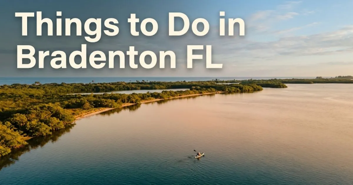 Things to do in Bradenton FL aerial view of Manatee River estuary and Gulf Coast mangroves at golden hour with kayaker