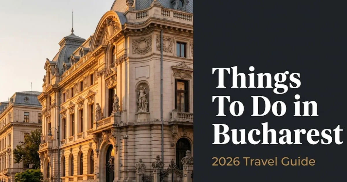 Things to do in Bucharest travel guide hero image showing Calea Victoriei's art nouveau architecture at golden hour, 2026
