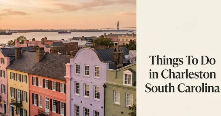 Things to do in Charleston South Carolina — Rainbow Row pastel townhouses on East Bay Street at golden hour, Charleston travel guide 2026
