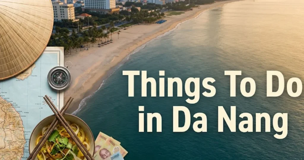 Things to do in Da Nang Vietnam travel guide banner showing My Khe Beach coastline and Vietnamese travel objects at golden hour.