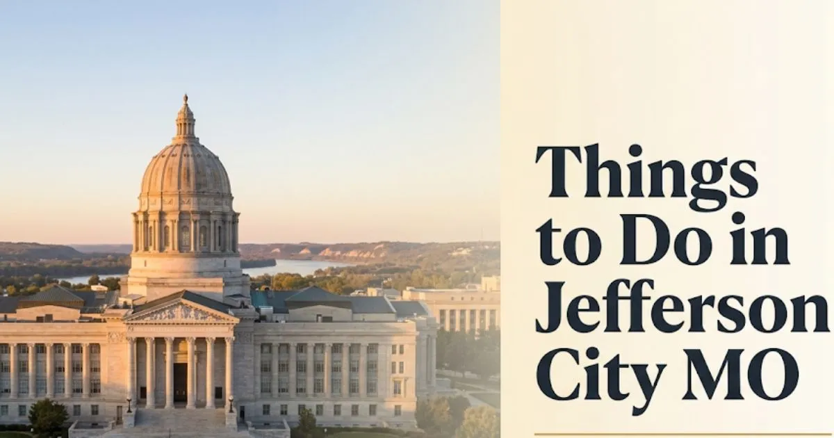 Things to do in Jefferson City MO guide featuring the Missouri State Capitol at golden hour along the Missouri River bluffs.