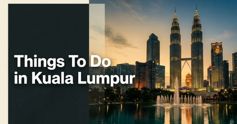 Things to do in Kuala Lumpur Petronas Twin Towers skyline at golden hour reflected in KLCC Park fountain pool.