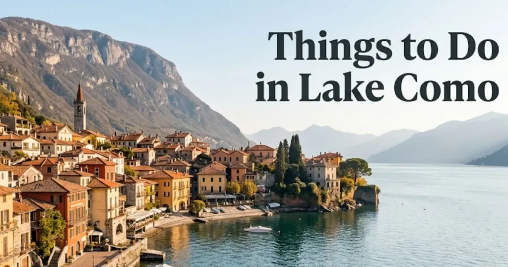 Things to do in Lake Como Italy, featuring a golden-hour editorial view of a lakeside village with terracotta rooftops and mountain backdrop.