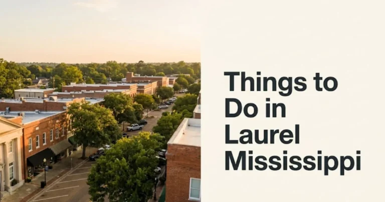 Things to do in Laurel Mississippi golden-hour view of historic downtown Magnolia Street corridor with brick storefronts