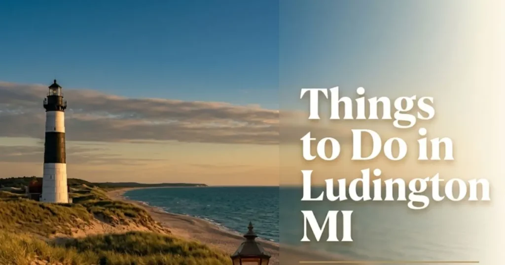 Things to do in Ludington MI shown with Big Sable Point Lighthouse and Lake Michigan shoreline at golden hour.