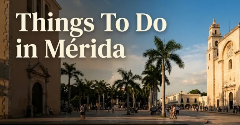 Things to do in Mérida Mexico Plaza Grande and Cathedral of San Ildefonso at golden hour in the historic center.