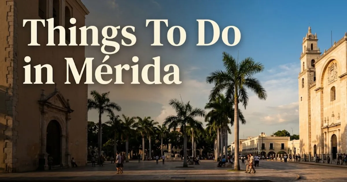 Things to do in Mérida Mexico Plaza Grande and Cathedral of San Ildefonso at golden hour in the historic center.