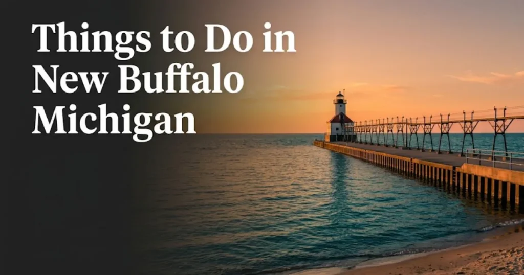 Things to do in New Buffalo Michigan golden-hour view of New Buffalo Pier extending into Lake Michigan at sunset.