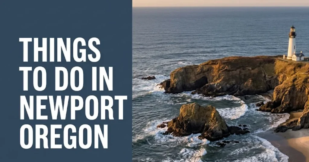 Things to do in Newport Oregon hero image showing Yaquina Head lighthouse on the Oregon Coast at golden hour.