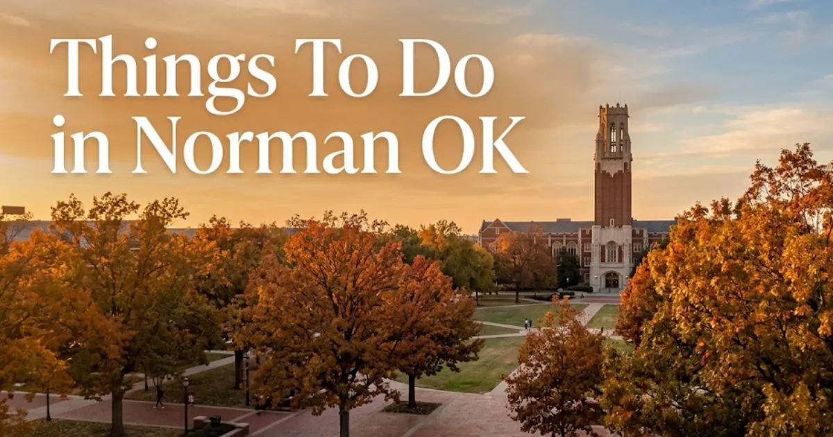 Things to do in Norman OK travel guide featuring the University of Oklahoma South Oval and Bizzell Library at golden hour