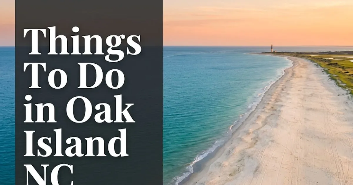 Things to do in Oak Island NC aerial view of barrier island beach at golden hour with lighthouse in the distance