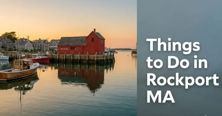 Things to do in Rockport MA guide featuring Motif No. 1 fishing shack on Bradley Wharf at golden hour