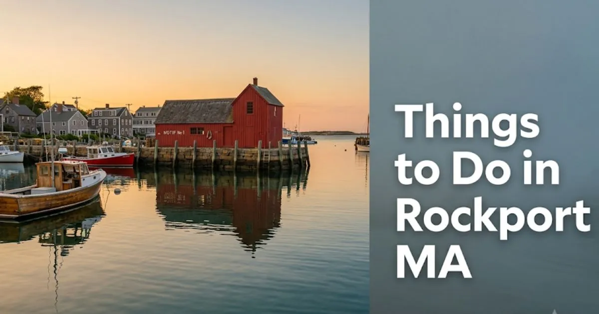 Things to do in Rockport MA guide featuring Motif No. 1 fishing shack on Bradley Wharf at golden hour