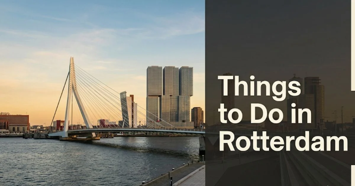 Things to do in Rotterdam guide showing the Erasmusbrug waterfront and De Rotterdam building at golden hour.