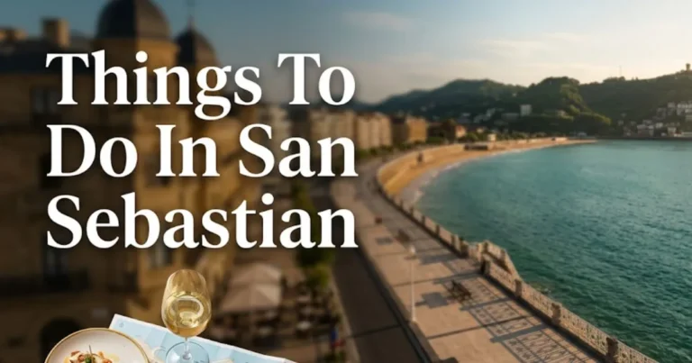 Things to do in San Sebastian travel guide showing La Concha bay, Monte Urgull, and pintxos at golden hour.