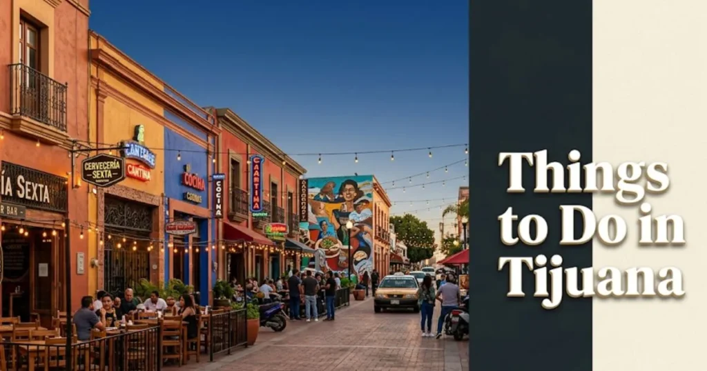 Things to do in Tijuana guide showing Calle Sexta gastronomic corridor at golden hour with street murals and craft beer bars