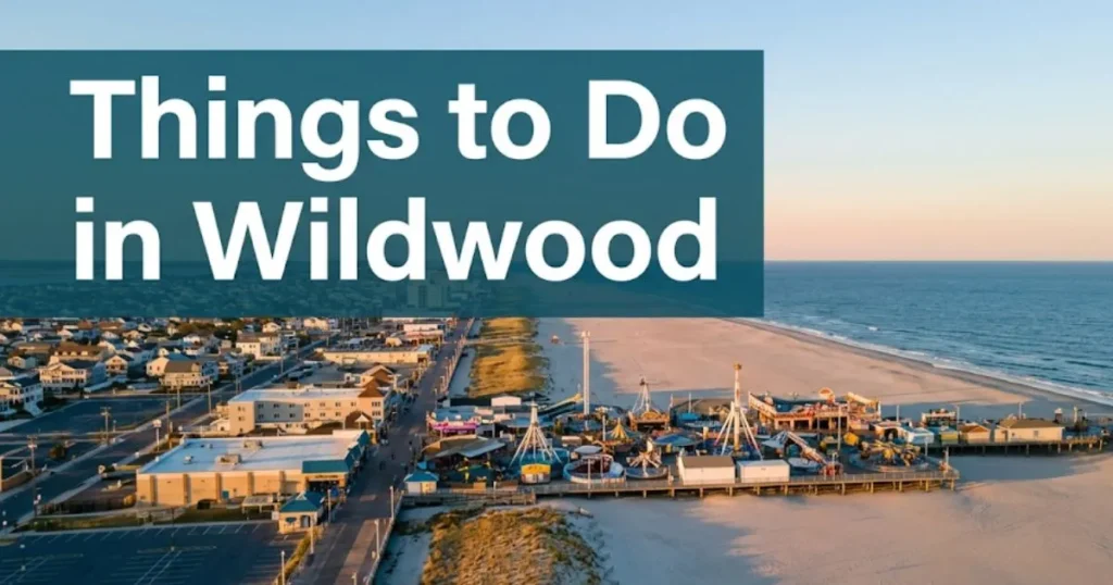 Things to do in Wildwood NJ aerial view of the boardwalk, Morey's Piers, and Five Mile Beach at golden hour