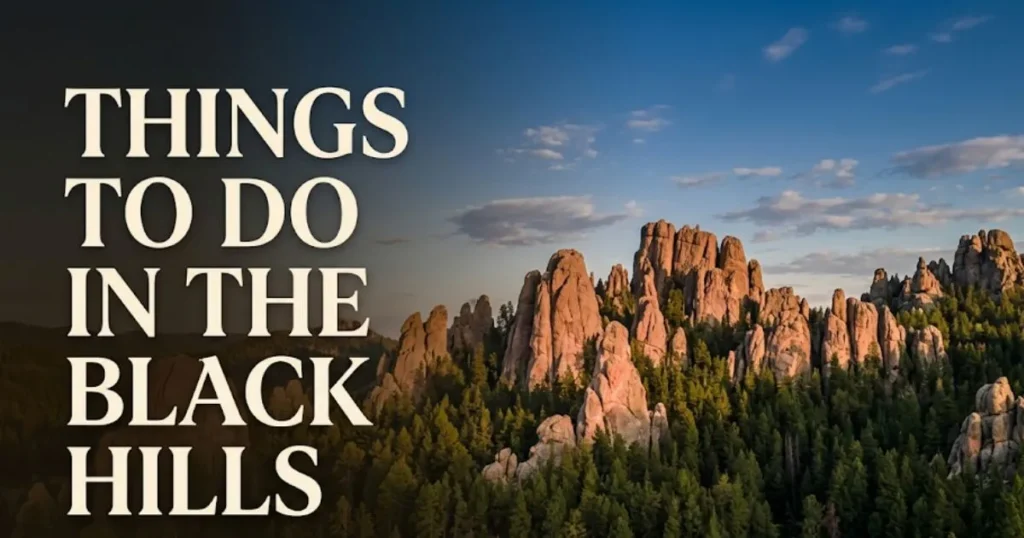Things to do in the Black Hills guide banner showing Needles Highway granite spires at golden hour in South Dakota.